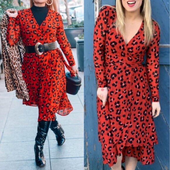 CAbi 5771 Vivien Siren Wrap Midi Dress Red and Black Leopard Animal Print V-Neck - Picture 1 of 16